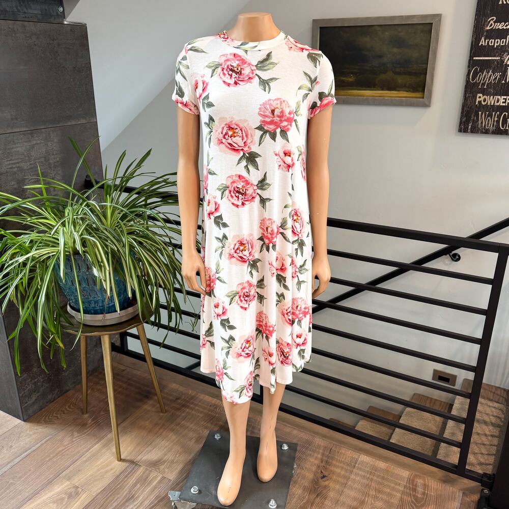 Reb & J 220 Floral Peony Swing Dress White Pink Midi Boutique Cottagecore Medium